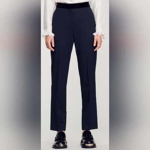 Sandro Pants - Sandro Womans Tuxedo Style Pants- Black with Embroidered Blue Hearts Size 38(M)